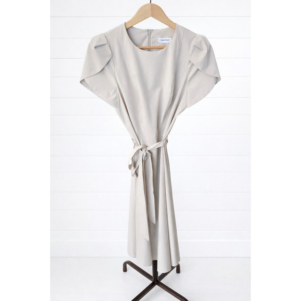 Calvin Klein NWOT Midi Dress – Soft Beige Rayon Short Tulip Sleeve Belted 10